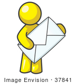 #37841 Clip Art Graphic Of A Yellow Guy Character Holding An Envelope