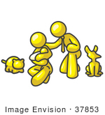 #37853 Clip Art Graphic Of A Yellow Guy Character Family With Pets