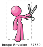 #37869 Clip Art Graphic Of A Pink Lady Character Cutting Coupons
