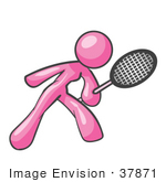 #37871 Clip Art Graphic Of A Pink Lady Character Playing Tennis