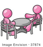 #37874 Clip Art Graphic Of Pink Guy Characters Talking At A Table