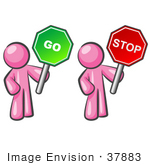 #37883 Clip Art Graphic Of Pink Guy Characters Holding Stop And Go Signs