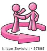 #37888 Clip Art Graphic Of Pink Guy Characters Shaking Hands In An Arrow Circle