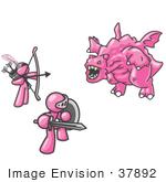 #37892 Clip Art Graphic Of Pink Guy Characters Fighting A Dragon