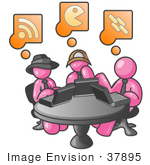 #37895 Clip Art Graphic Of Pink Guy Characters Using Laptops In An Internet Cafe