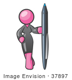 #37897 Clip Art Graphic Of A Pink Lady Character Standing With A Pen