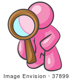 #37899 Clip Art Graphic Of A Pink Guy Character Kneeling And Using A Magnifying Glass