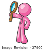 #37900 Clip Art Graphic Of A Pink Guy Character Holding Up A Magnifying Glass