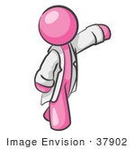 #37902 Clip Art Graphic Of A Pink Guy Character In A Lab Coat Pointing