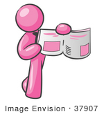#37907 Clip Art Graphic Of A Pink Guy Character Holding An Open Book