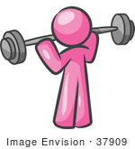 #37909 Clip Art Graphic Of A Pink Guy Character Exercising With A Barbell