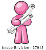 #37913 Clip Art Graphic Of A Pink Guy Character Holding Scrolls