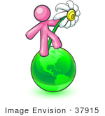 #37915 Clip Art Graphic Of A Pink Guy Character With A Daisy On A Globe