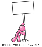 #37918 Clip Art Graphic Of A Pink Guy Character Putting A Sign In The Ground