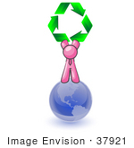 #37921 Clip Art Graphic Of A Pink Guy Character On A Globe With Recycle Arrows