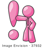 #37932 Clip Art Graphic Of A Pink Guy Character With An Exclamation Point