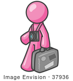 #37936 Clip Art Graphic Of A Pink Guy Character Tourist With A Camera And Luggage