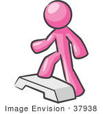 #37938 Clip Art Graphic Of A Pink Guy Character Doing Step Exercises