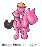 #37942 Clip Art Graphic Of A Pink Guy Character Jockey Racing A Horse