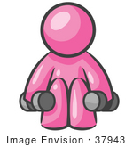 #37943 Clip Art Graphic Of A Pink Guy Character Exercising With Dumbbells