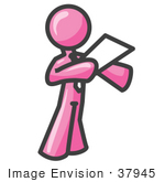 #37945 Clip Art Graphic Of A Pink Guy Character Giving A Speech