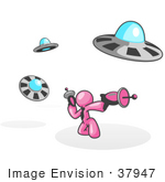 #37947 Clip Art Graphic Of A Pink Guy Character Fighting Ufos