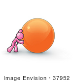 #37952 Clip Art Graphic Of A Pink Guy Character Pushing An Orange Orb