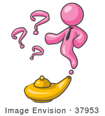 #37953 Clip Art Graphic Of A Pink Guy Character Emerging From A Genie Lamp
