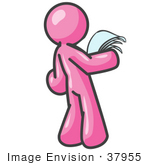 #37955 Clip Art Graphic Of A Pink Guy Character Reading A Letter