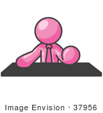 #37956 Clip Art Graphic Of A Pink Guy Character Sitting At A Desk