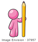 #37957 Clip Art Graphic Of A Pink Guy Character Standing With A Pencil