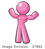 #37962 Clip Art Graphic Of A Pink Guy Character Flexing His Muscles