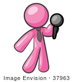 #37963 Clip Art Graphic Of A Pink Guy Character Holding A Microphone