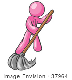 #37964 Clip Art Graphic Of A Pink Guy Character Mopping