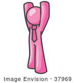 #37969 Clip Art Graphic Of A Pink Guy Character Holding His Arms Up