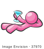 #37970 Clip Art Graphic Of A Pink Guy Character Drinking A Blue Cocktail