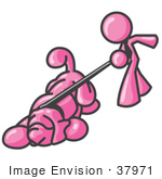 #37971 Clip Art Graphic Of A Pink Guy Character Walking A Dog