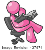#37974 Clip Art Graphic Of A Pink Guy Character Sitting And Reading