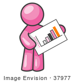 #37977 Clip Art Graphic Of A Pink Guy Character Holding A Printed Bar Graph