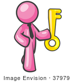#37979 Clip Art Graphic Of A Pink Guy Character Holding A Key