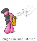 #37987 Clip Art Graphic Of A Pink Guy Character Playing A Sax