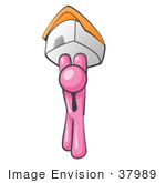 #37989 Clip Art Graphic Of A Pink Guy Character Holding Up A House