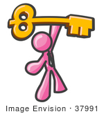 #37991 Clip Art Graphic Of A Pink Guy Character Holding Up A Skeleton Key