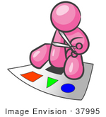 #37995 Clip Art Graphic Of A Pink Guy Character Cutting Out Shapes