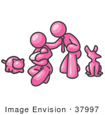 #37997 Clip Art Graphic Of A Pink Guy Character Family And Pets