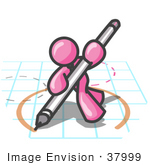 #37999 Clip Art Graphic Of A Pink Guy Character Drawing A Circle On Graph Paper