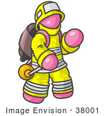 #38001 Clip Art Graphic Of A Pink Guy Character Fireman