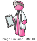 #38010 Clip Art Graphic Of A Pink Guy Character Doctor Wearing A Head Lamp