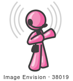 #38019 Clip Art Graphic Of A Pink Guy Character Talking On A Headset With Signals