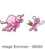 #38020 Clip Art Graphic Of A Pink Guy Character Taming A Bull